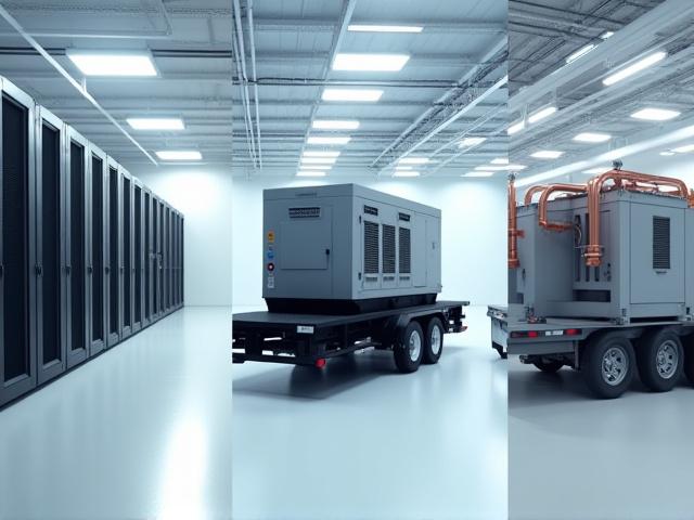 Variety of data center equipment being prepared for haulage including server racks and generators