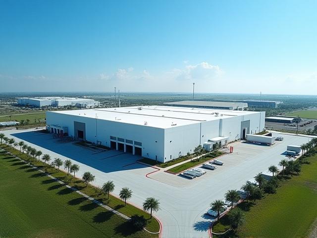 Modern manufacturing facility in North Texas under clear blue skies